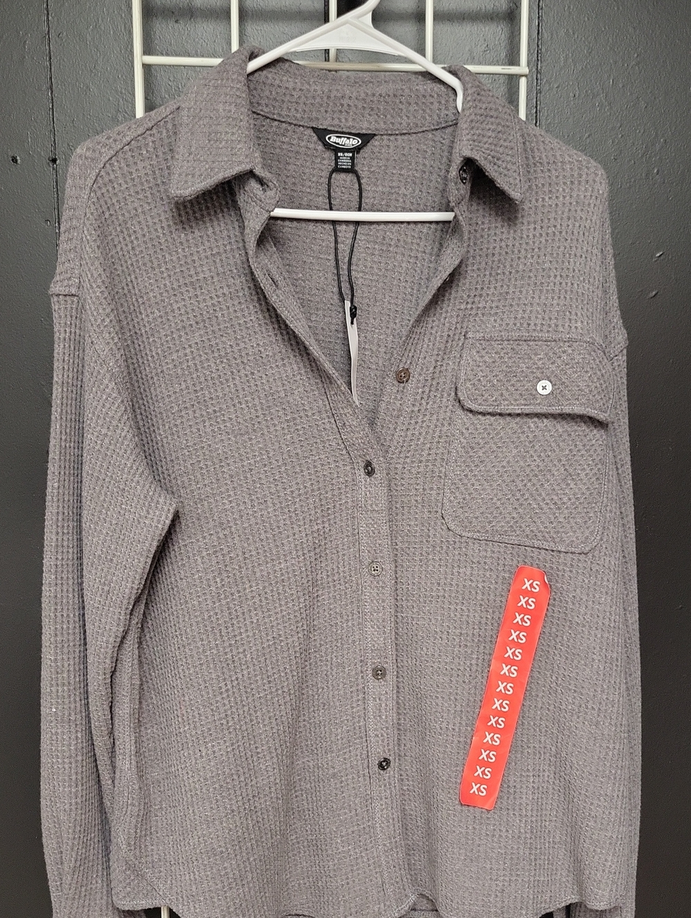 NWT, Buffalo JEANS Gray Waffle Knit Button-Down Shirt, XS